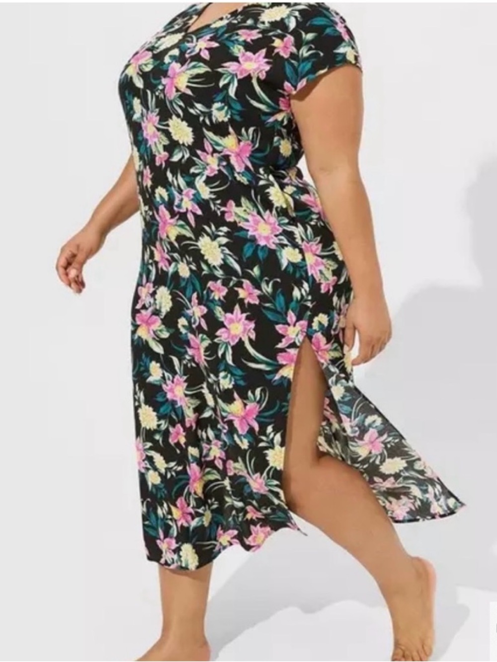 torrid Black Floral Plus-Size Swim Coverup Midi with Side Slit